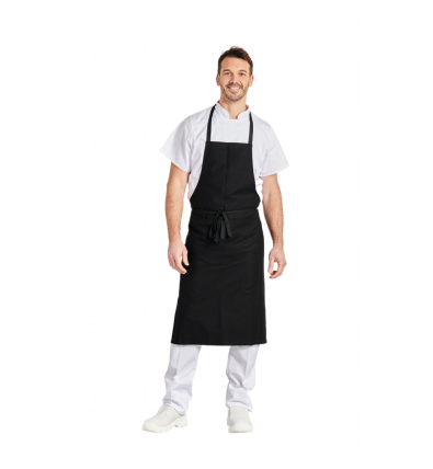 Tablier à Bavette Noir 90x105 en Coton Sergé Pro