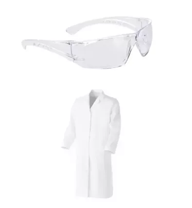 Pack blouse blanche 100% coton et lunettes de protection