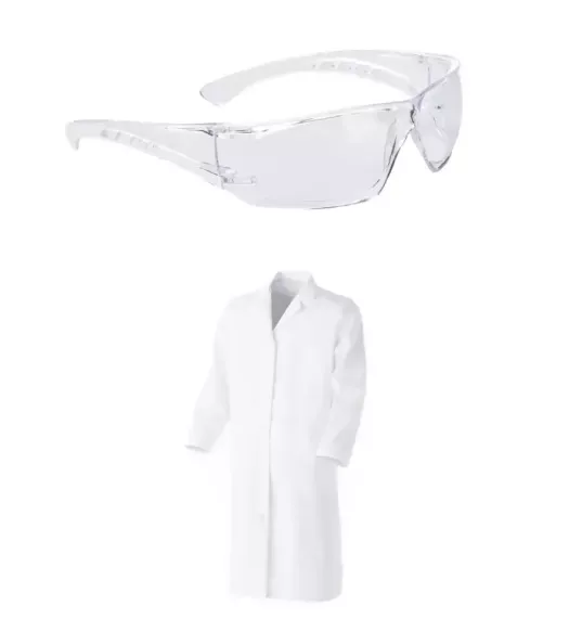Pack blouse blanche 100% coton et lunettes de protection